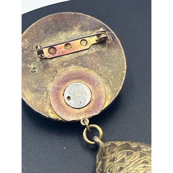 CHARLIE LAURE PARIS Vintage 4” Brass Articulated Dangle Repousse Orange Brooch - Picture 10 of 15